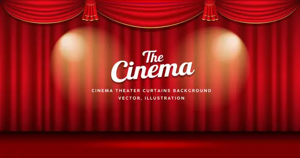 Vector illustration of Cinema Theater curtains red and gold righting banner background