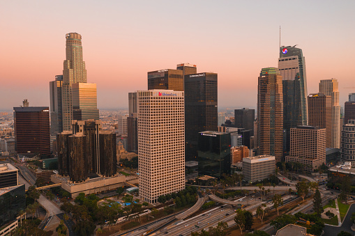 Mountain peaks and downtown Los Angeles cityscape with its neighborhoods