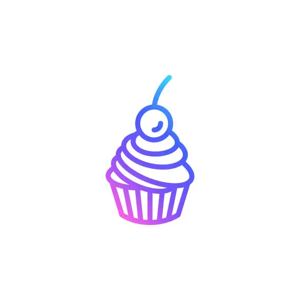 Vector illustration of Cupcake with a cherry vector icon in bright color gradient. Cute cupcake isolated on white background. Line art