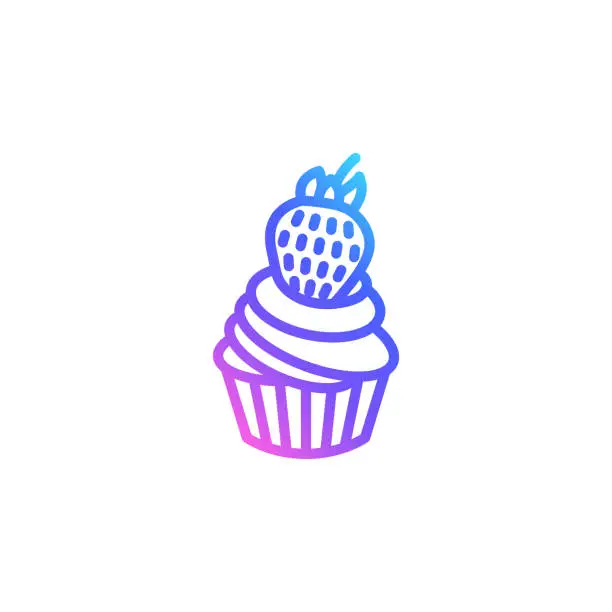 Vector illustration of Cupcake with a strawberry vector icon in bright color gradient. Cute cupcake isolated on white background. Line art