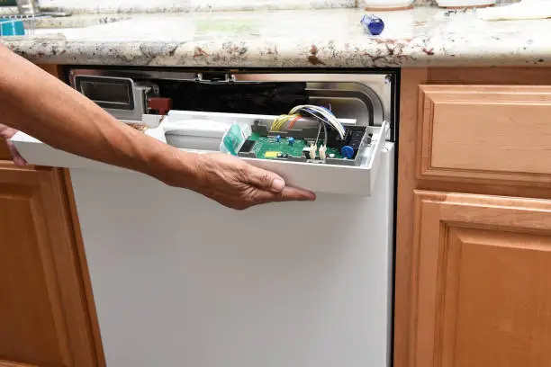 Closeup of a appliance repairman removing the control panel to a broken dishwasher.