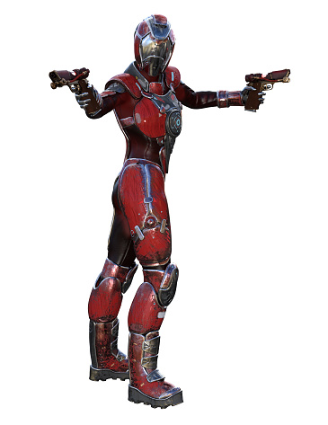Futuristic soldier in a Red uniform, armed with guns, 3d illustration