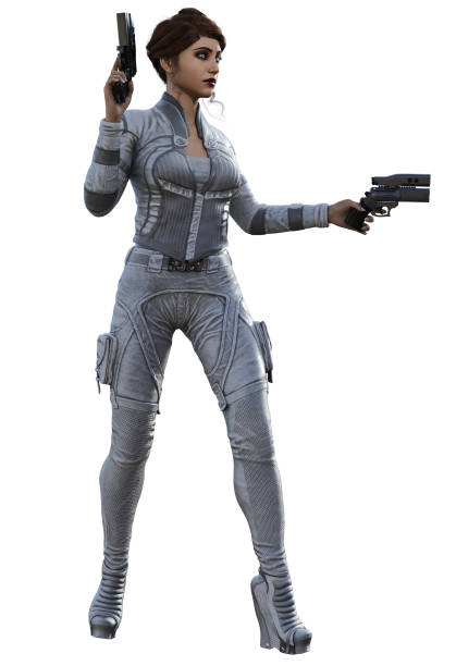 istock Futuristic soldier in a grey uniform, armed with guns, 3d illustration 1283596981