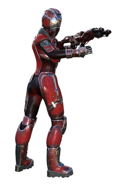istock Futuristic soldier in a Red uniform, armed with plasma rifle, 3d illustration 1283596988