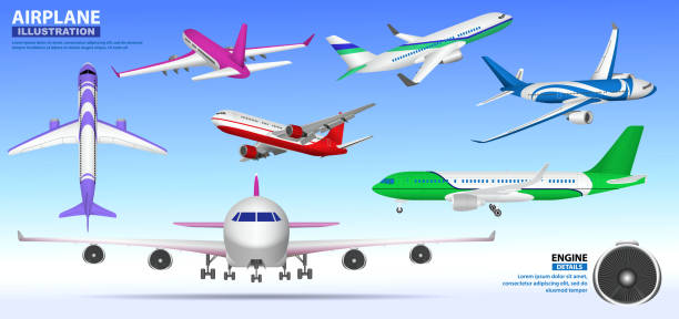 現実的な飛行機モックアップや着陸のセットは、民間航空機や飛行機のビジネスコンセプトを離陸します。eps 10 ベクトル - airport airplane landing red点のイラスト素材／クリップアート素材／マンガ素材／アイコン素材