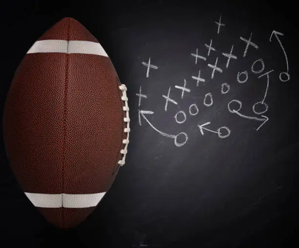 High angle flat lay of an American Collegiate Football and play diagram on a chalkboard.