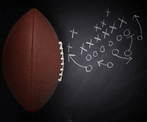 High angle flat lay of an American Pro Style Football and play diagram on a chalkboard.