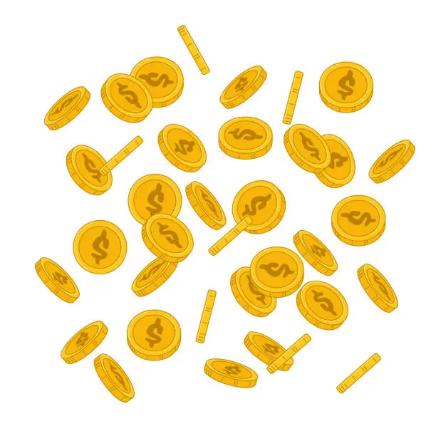 Vector illustration of Golden Coins Falling Down, Concept of Money, Jackpot or Lottery Win, Profit or Finance Success. Currency, Gold Dollars