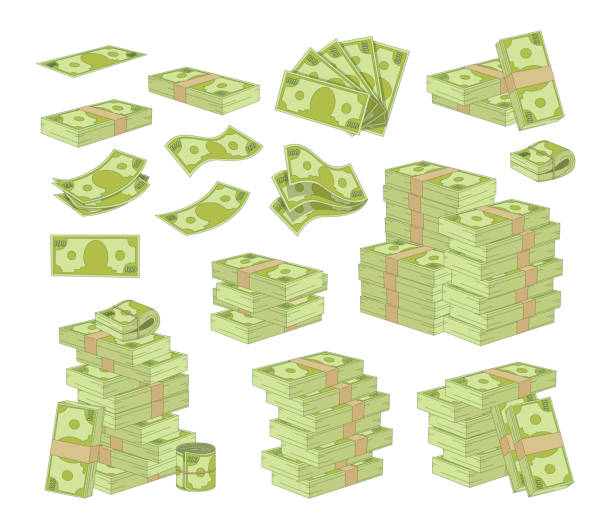 ilustraciones, imágenes clip art, dibujos animados e iconos de stock de conjunto de dinero aislado sobre fondo blanco. embalaje y pilas de billetes de dólar, billetes de papel verde pilas y ventiladores - dollar sign illustrations