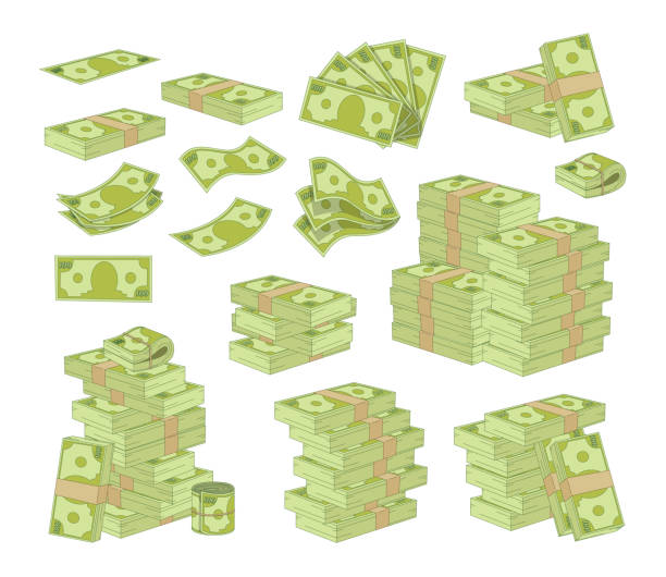 beyaz arka plan'da yalıtılmış para seti. ambalaj ve dolar banknotlar, yeşil kağıt bills yığınları ve fanlar yığınları - finans ve ekonomi stock illustrations