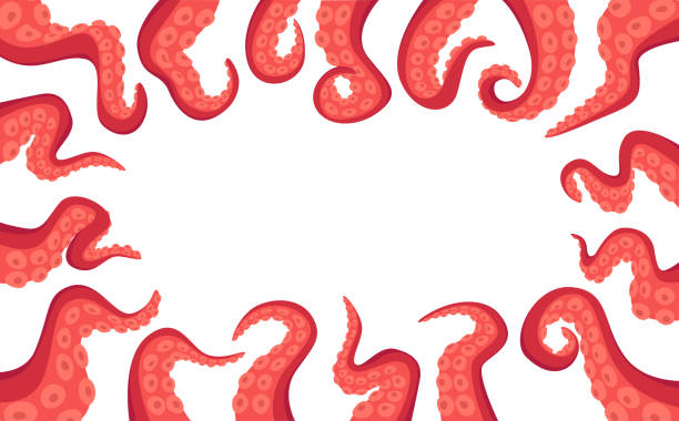 Octopus Tentacle Rectangular Border Isolated on White Background. Monster Kraken Hands, Fantasy Creature Cephalopod Arms Octopus Tentacles Rectangular Border Isolated on White Background. Monster Kraken Hands, Fantasy Creature Cephalopod Arms. Underwater Animal Antennas or Feelers. Cartoon Vector Illustration, Frame tentacle stock illustrations