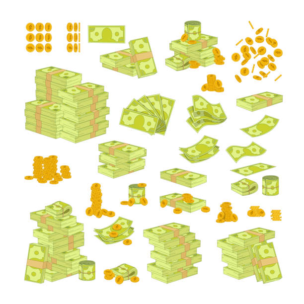 ustaw różnego rodzaju pieniądze na białym tle. pakowanie i stosy banknotów dolarowych, fan paper bills. złote monety - stack currency coin symbol stock illustrations