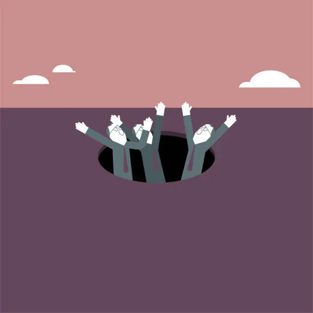 Vector illustration of A group of people fell into the trap. The disaster happened.