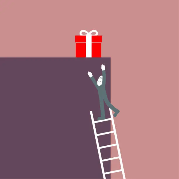 Vector illustration of A man gets a gift using a ladder.