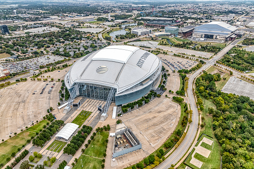 Arlington, United States - October 21, 2020: Wide angle, aerial view of the home of the Dallas Cowboys, AT&T Stadium located in the city of Arlington just east of downtown Dallas, Texas.