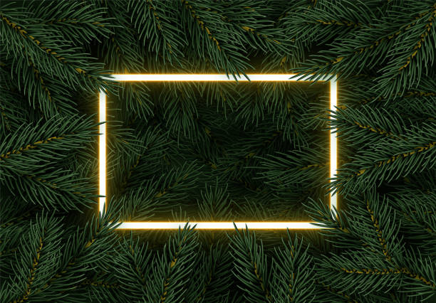ilustrações de stock, clip art, desenhos animados e ícones de christmas tree branches. festive xmas border of green branch of pine. pattern pine branches, spruce branch. glowing neon frame, space for text. realistic design decoration element. vector illustration - christmas winter close up table