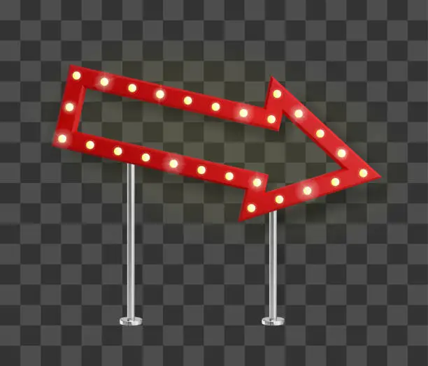 Vector illustration of Realistic red arrow signage with yellow light bulbs pointed right and down. Show sign banner template with shadow. Vector illustration.