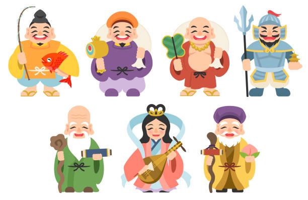 Illustration of “Shichifukujin” the Seven Lucky Gods for Japanese new year From the upper left, Ebisu, Daikoku, Hotei, Bishamonten, Fukurokuju, Benzaiten, Jurojin hotei the god of happiness stock illustrations