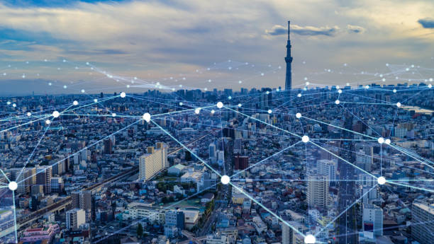 Smart city and communication network concept. 5G. IoT (Internet of Things). Telecommunication.