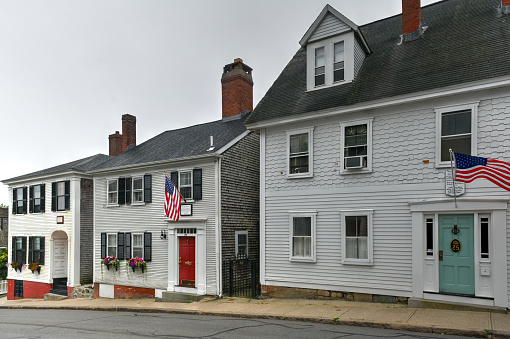 Plymouth, MA - July 3, 2020: Leyden Street, created in 1620 by the Pilgrims, and claims to be the oldest continuously inhabited street in the thirteen colonies of British North America.