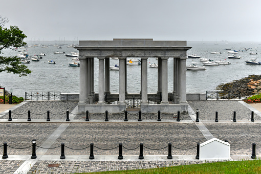 Plymouth, Massachusetts - July 3, 2020: The famous Plymouth Rock, the traditional site of disembarkation of the Mayflower pilgrims in the New World.