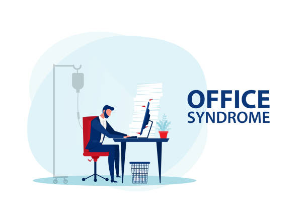 ilustrações de stock, clip art, desenhos animados e ícones de vector - tired businessman at office with office syndrome health concept - 2359