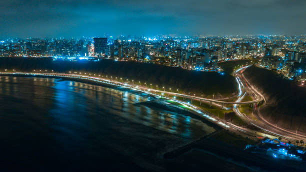 Night panoramic view of the Costa Verde high way, San Miguel - Lima, Peru.