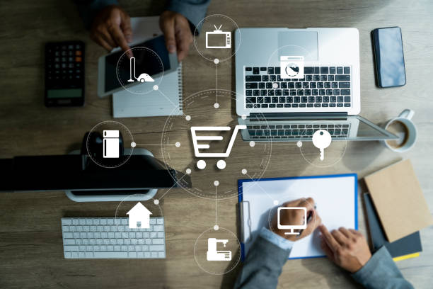 istock Business people use Technology E-commerce Internet Global Marketing Purchasing Plan and Bank Concept 1283621200
