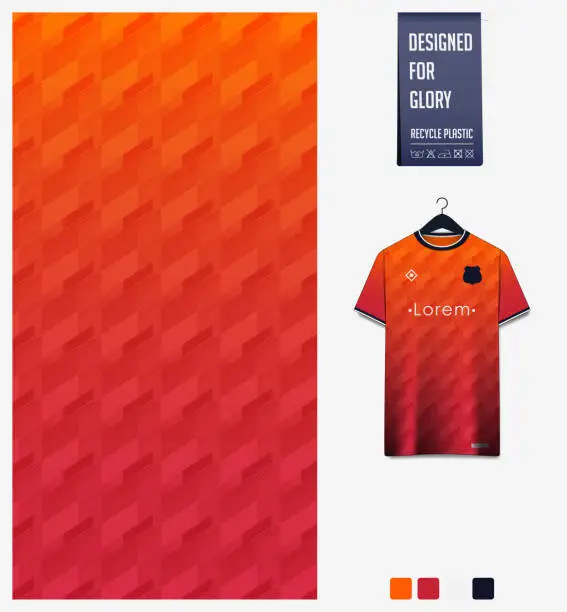 Vector illustration of Fabric pattern design. Geometric pattern on orange background for soccer jersey, football kit or sports uniform. T-shirt mockup template. Abstract sport background.