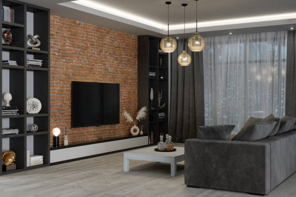 Modern Living Room With Brick Wall In The Evening