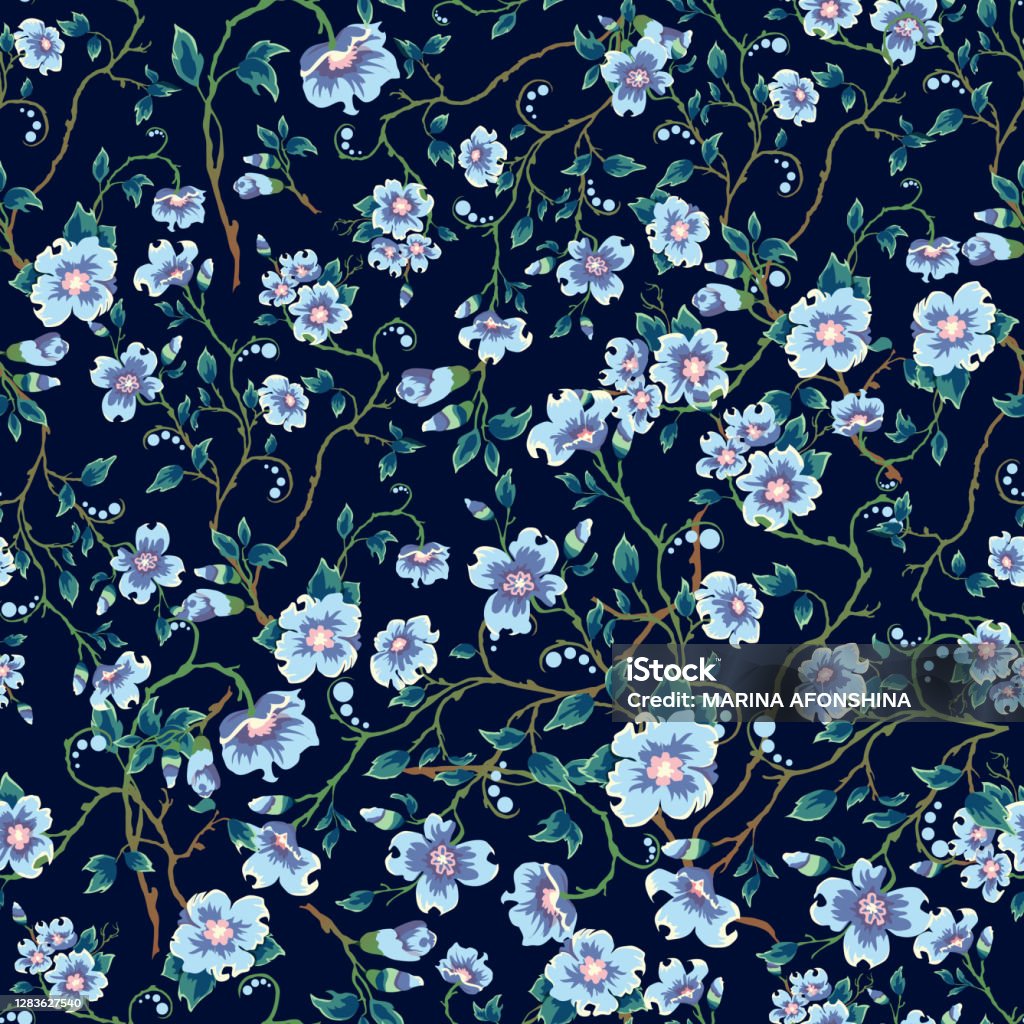 어린이 패턴 꽃 짙은 파란색 배경에 매끄러운 꽃 무늬 밝은 파란색 꽃 녹색 잎 꽃-식물에 대한 스톡 벡터 아트 및 기타 이미지 - 꽃-식물,  0명, 대칭 - Istock