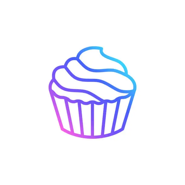 Vector illustration of Cupcake with cream vector icon in bright color gradient. Cute outlined cupcake isolated on white background. Line art
