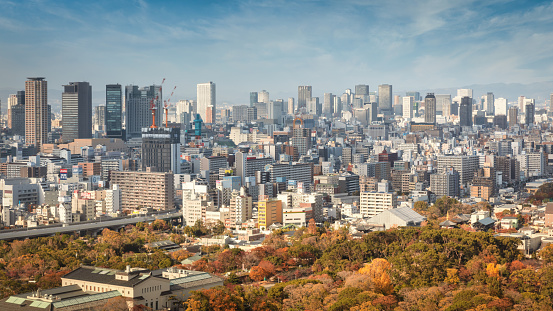 Modern Osaka Cityscape Panorama in Autumn Japan