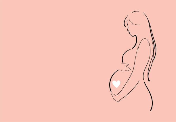 ilustrações, clipart, desenhos animados e ícones de banner moderno sobre gravidez e maternidade, desenho de linha. pôster com uma linda jovem grávida com lugar para texto. design minimalista, ilustração de vetor de desenho animado plano. - gravida