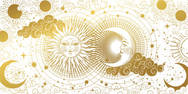 Magic banner for astrology, tarot, boho design. The universe, golden crescent, sun, and clouds on a white background. Esoteric vector illustration, pattern. Magic banner for astrology, tarot, boho design. The universe, golden crescent, sun, and clouds on a white background. Esoteric vector illustration, pattern mystery illustrations stock illustrations