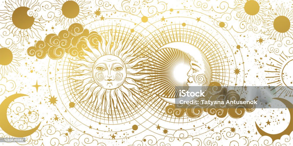 占星術、塔羅牌、博霍設計的魔法橫幅。宇宙,金色的新月,太陽和雲在白色的背景。深奧的向量圖,圖案。 - 免版稅星座符號圖庫向量圖形