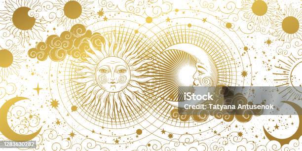 占星術塔羅牌博霍設計的魔法橫幅宇宙金色的新月太陽和雲在白色的背景深奧的向量圖圖案向量圖形及更多星座符號圖片 - 星座符號, 太陽, 太陽光