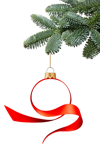 Red ribbon in the shape of Christmas ball isolated on white background.