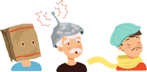 Male Avatars with Different Headdress and Headgear Vector Set Male Avatars with Different Headdress and Headgear Vector Set. Shoulder Cut Man Portrait with Craft Paper Bag and Beret on His Head tin foil hat stock illustrations