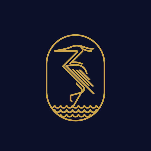 vintage cienka linia złoty żuraw ptak wektor odznaka ikona - egret stock illustrations
