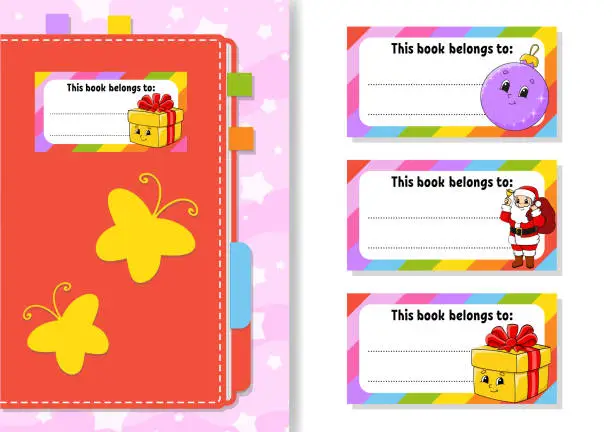 Vector illustration of Book label stickers for kids. The rectangular shape. Christmas theme. Isolated color vector illustration. Cartoon character. For the diary, notebook, book.