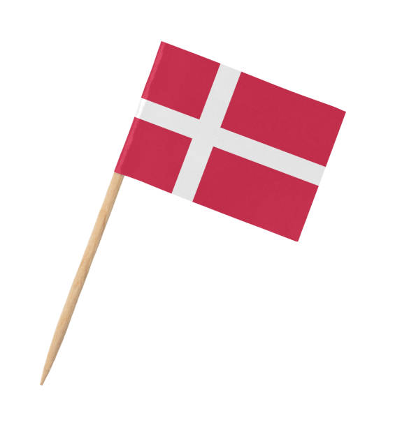 istock Small paper Danish flag on wooden stick, isolated on white 1283637819
