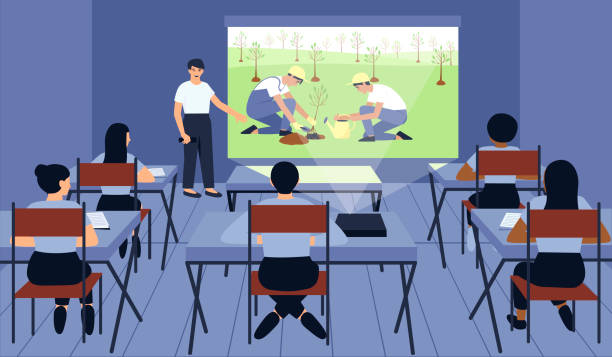 Presentation of a school project on greening the planet Presentation of a school project on greening the planet. The student demonstrates his work to the class. Multinational class. The projector is showing a movie. Flat vector illustration. teacher projector stock illustrations