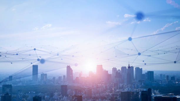 Smart city and communication network concept. 5G. IoT (Internet of Things). Telecommunication.