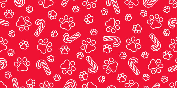 ilustrações de stock, clip art, desenhos animados e ícones de dog paw seamless pattern chriatmas candy cane footprint french bulldog puppy vector pet cartoon repeat wallpaper tile background scarf isolated illustration doodle design - foot wraps