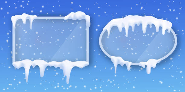 Transparent glass frames covered with realistic snow capped. Frozen winter borders with melting snow. Square and ellipse shape with ice frost elements Transparent glass frames covered with realistic snow capped. Frozen winter borders with melting snow. Square and ellipse shape with ice frost elements. ice borders stock illustrations