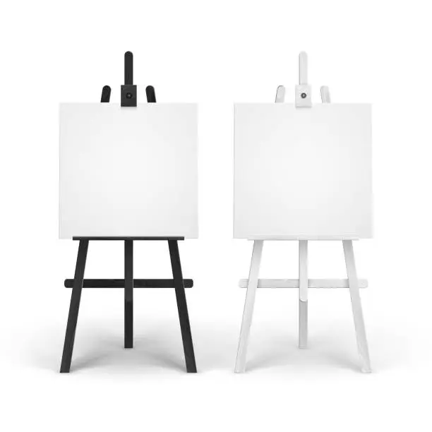 Vector illustration of Vector Set of Wooden Black White Easels with Mock Up Empty Blank Square Canvases Isolated on Background