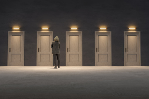 Too many closed doors, too many options, Business woman looking for the right door to exit, 3D - Computer generated image.