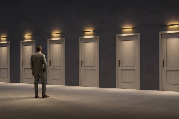 Closed doors, too many options Too many closed doors, too many options, Businessman looking for the right door to exit, 3D - Computer generated image. leaving a tip stock pictures, royalty-free photos & images