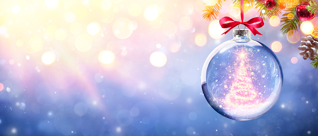 Merry Christmas - Glass Ball With ShinyChristmas Tree With Bokeh Lights